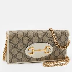 Gucci White/Beige GG Supreme Canvas and Leather Horsebit 1955 Wallet on Chain