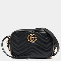 Pre Owned Gucci Black Matelassé Leather Mini GG Marmont Camera Bag