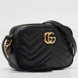 Pre Owned Gucci Black Matelassé Leather Mini GG Marmont Camera Bag