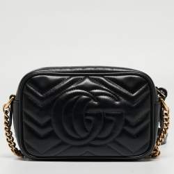 Pre Owned Gucci Black Matelassé Leather Mini GG Marmont Camera Bag