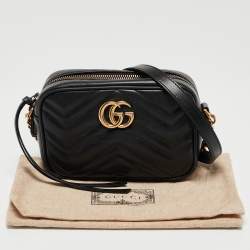 Pre Owned Gucci Black Matelassé Leather Mini GG Marmont Camera Bag