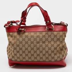 Pre Owned Gucci Red/Beige GG Canvas and Leather Valentine Tote