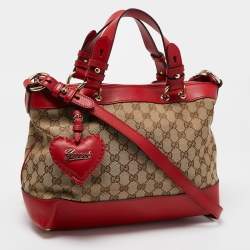 Pre Owned Gucci Red/Beige GG Canvas and Leather Valentine Tote