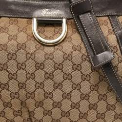 Pre Owned Gucci Beige/Brown GG Canvas and Leather D Ring Hobo
