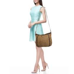 Pre Owned Gucci Beige/Brown GG Canvas and Leather D Ring Hobo