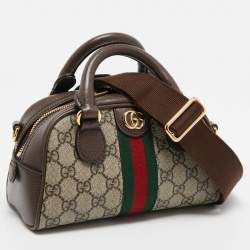 Pre Owned Gucci Beige/Brown GG Supreme Canvas and Leather Mini Ophidia Satchel