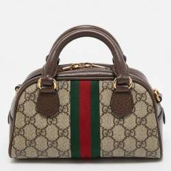 Pre Owned Gucci Beige/Brown GG Supreme Canvas and Leather Mini Ophidia Satchel