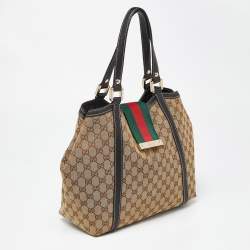 Pre Owned Gucci Beige/Black GG Canvas and Leather Medium New Ladies Web Tote  
