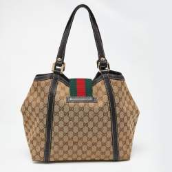 Pre Owned Gucci Beige/Black GG Canvas and Leather Medium New Ladies Web Tote  