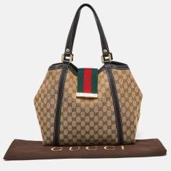 Pre Owned Gucci Beige/Black GG Canvas and Leather Medium New Ladies Web Tote  