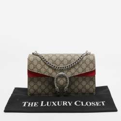 Pre Owned Gucci Red/Beige GG Supreme Canvas and Suede Small Dionysus Shoulder Bag