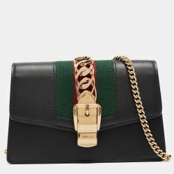 Pre Owned Gucci Black Leather Super Mini Sylvie Chain Shoulder Bag