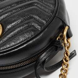 Pre Owned Gucci Black Matelassé Leather Mini GG Marmont Round Crossbody Bag