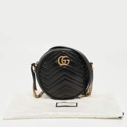Pre Owned Gucci Black Matelassé Leather Mini GG Marmont Round Crossbody Bag