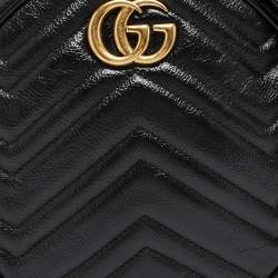 Pre Owned Gucci Black Matelassé Leather Mini GG Marmont Round Crossbody Bag