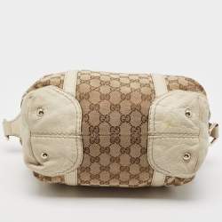 Pre Owned Gucci Beige/Off White GG Canvas and Leather Equestrian Horseshoe Satchel