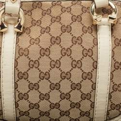 Pre Owned Gucci Beige/Off White GG Canvas and Leather Equestrian Horseshoe Satchel