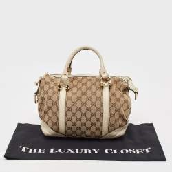Pre Owned Gucci Beige/Off White GG Canvas and Leather Equestrian Horseshoe Satchel