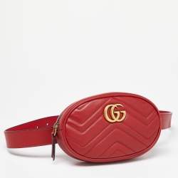 Pre Owned Gucci Red Matelassé Leather GG Marmont Belt Bag