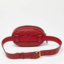 Pre Owned Gucci Red Matelassé Leather GG Marmont Belt Bag