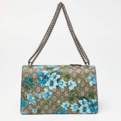 Pre Owned Gucci Blue/Beige GG Supreme Canvas and Suede Small Embroidered Dionysus Shoulder Bag