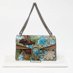 Pre Owned Gucci Blue/Beige GG Supreme Canvas and Suede Small Embroidered Dionysus Shoulder Bag