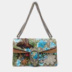 Pre Owned Gucci Blue/Beige GG Supreme Canvas and Suede Small Embroidered Dionysus Shoulder Bag