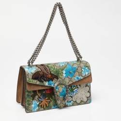 Pre Owned Gucci Blue/Beige GG Supreme Canvas and Suede Small Embroidered Dionysus Shoulder Bag