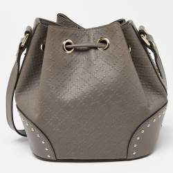 Pre Owned Gucci Grey Diamante Leather Medium Hilary Bucket Bag