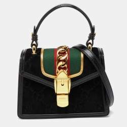 Gucci Black GG Velvet and Patent Leather Sylvie Top Handle Bag