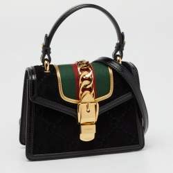 Pre Owned Gucci Black GG Velvet and Patent Leather Sylvie Top Handle Bag