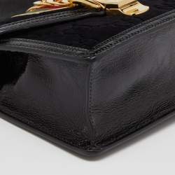Pre Owned Gucci Black GG Velvet and Patent Leather Sylvie Top Handle Bag