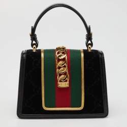 Pre Owned Gucci Black GG Velvet and Patent Leather Sylvie Top Handle Bag