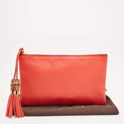 Pre Owned Gucci Red Leather Bamboo Zip Clutch