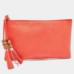 Pre Owned Gucci Red Leather Bamboo Zip Clutch