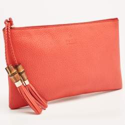 Pre Owned Gucci Red Leather Bamboo Zip Clutch