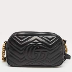 Pre Owned Gucci Black Matelassé Leather Small GG Marmont Camera Crossbody Bag