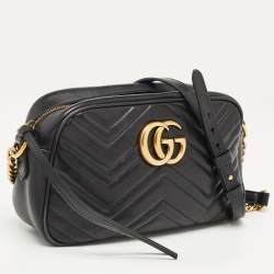 Pre Owned Gucci Black Matelassé Leather Small GG Marmont Camera Crossbody Bag