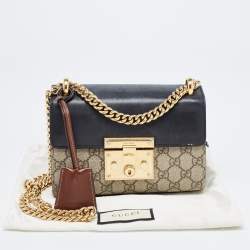 Pre Owned Gucci Black/Beige GG Supreme Canvas and Leather Small Padlock Shoulder Bag