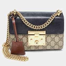 Pre Owned Gucci Black/Beige GG Supreme Canvas and Leather Small Padlock Shoulder Bag