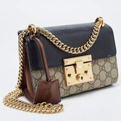 Pre Owned Gucci Black/Beige GG Supreme Canvas and Leather Small Padlock Shoulder Bag