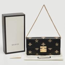 Gucci Black Leather Bees Padlock Continental Wallet On Chain