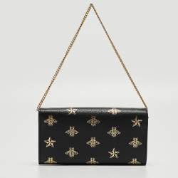 Gucci Black Leather Bees Padlock Continental Wallet On Chain