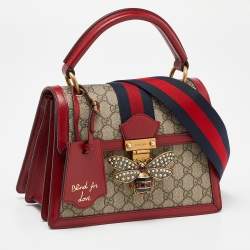 Pre Owned Gucci Beige/Red GG Supreme Canvas and Leather Small Queen Margaret Top Handle Bag