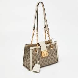 Pre Owned Gucci Beige/Off White GG Supreme Canvas and Leather Small Padlock Tote