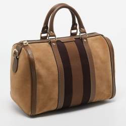 Pre Owned Gucci Brown Nubuck and Leather Medium Vintage Web Boston Bag