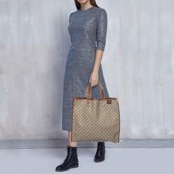 Pre Owned حقيبة غوتشي ويب لوب كانفاس سوبريم GG بني/بيج وجلد رأسية