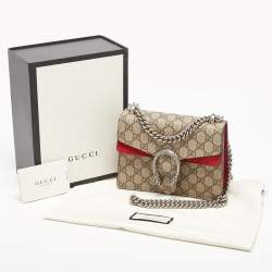 Pre Owned Gucci Beige/Red GG Supreme Canvas and Suede Mini Dionysus Shoulder Bag