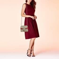 Pre Owned Gucci Beige/Red GG Supreme Canvas and Suede Mini Dionysus Shoulder Bag