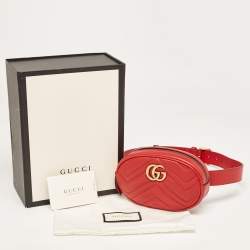 Pre Owned Gucci Red Matelassé Leather GG Marmont Belt Bag